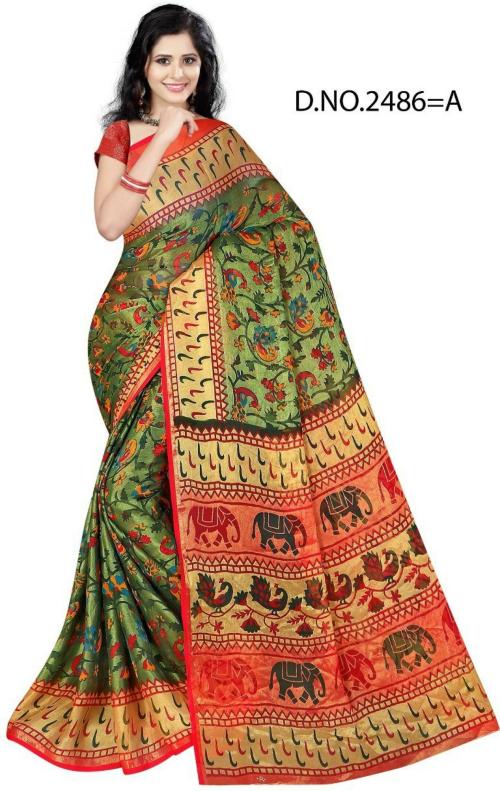 Worivoc Women Green Animal Print Brasso Kalamkari Saree