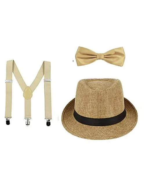 Accery Beige Kids Suspender and Bow Tie Set with Jute Matched Hat