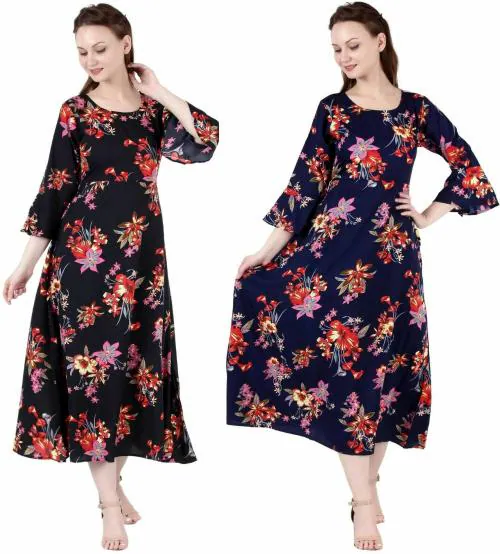 HUNOOR Womens Black Silver and Navy Printed Crepe Pack of 2 Straight Gown