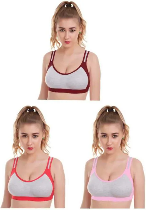 RENOX Women Multicolor Cotton Pack of 3 Non Padded Sports Bra (28)