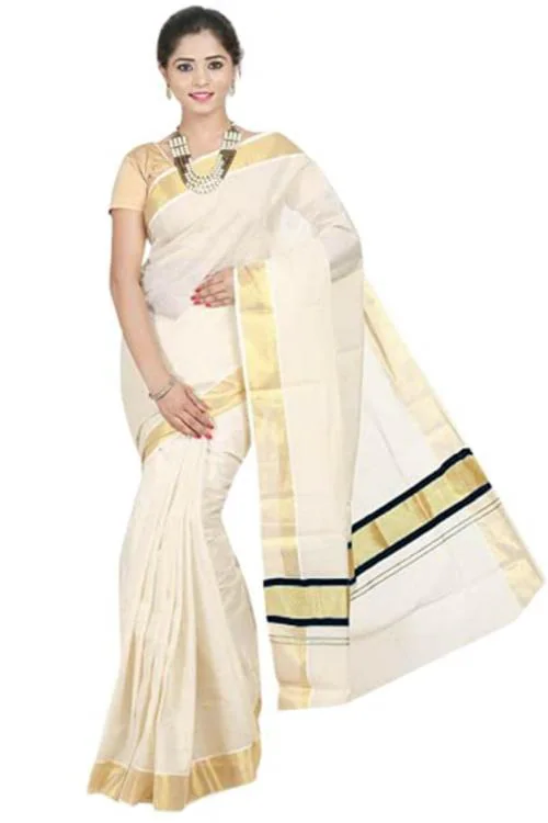 Fashionkiosks Women Black Tissue Pallu Zari Worked Kerala Kasavu Saree With Attached Blouse Piece