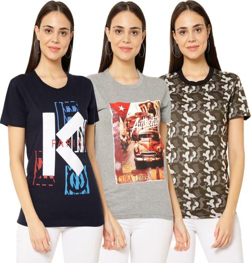 Vimal Jonney Women Multicolor Printed Cotton Blend T-shirt (Pack of 3)
