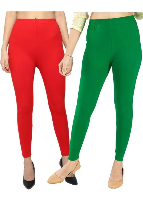 KEX Red Green Solid Cotton Ankle Length Legging Combo Legging Combo Girls Legging Combo Ankle Legging Combo