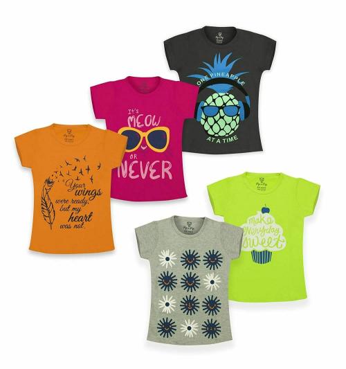 PIP N PAP Girls Multicolor Cotton T-Shirt (Pack of 5)