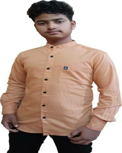 Ukti Men Slim Fit Solid Mandarin Collar Casual Shirt Light Orange Size L