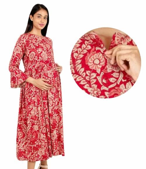 Morph Maternity | Pregnant Women Dress | With Hidden Double Side Zip For Easy Breastfeeding | Fits During Pregnancy & Post Pregnancy | Soft Cotton | One Side Pocket | Red | L