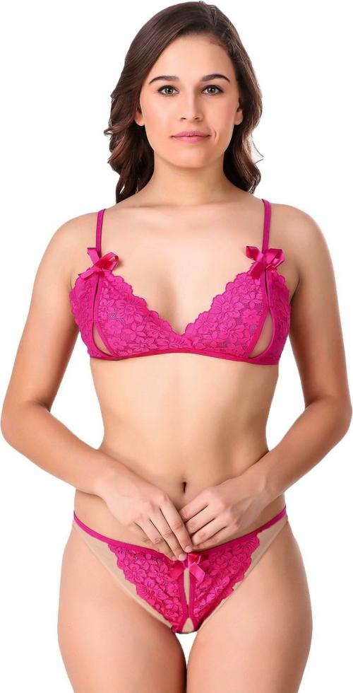 SSoShHub Women Pink Solid Net Baby Doll Lingerie Set
