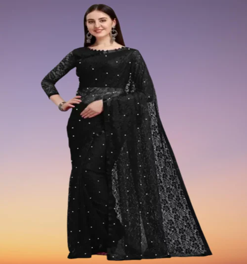 Vragi's Present Black Net saree with Blouse Piece
