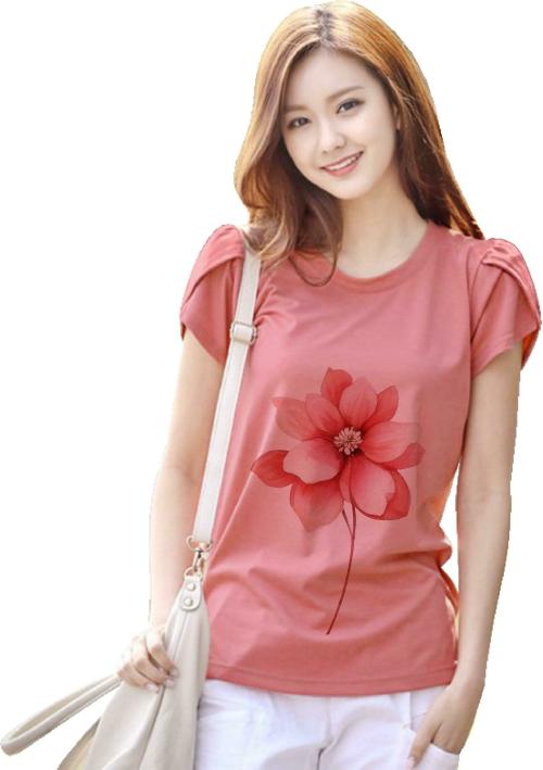 Fabcro Creation Women Peach Floral Print Elastane Single Women'S T-Shirts