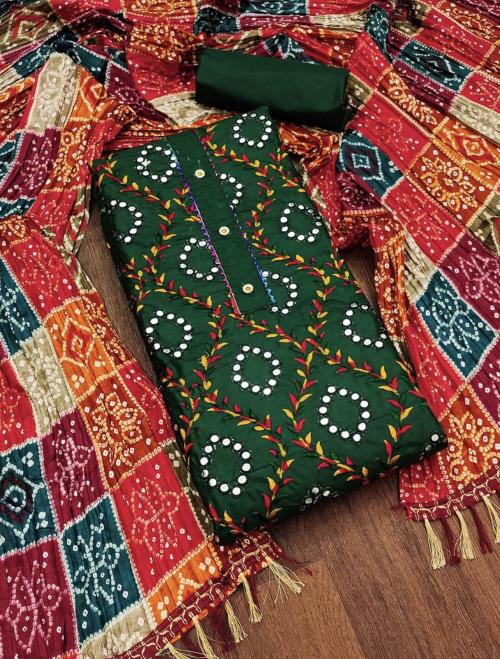 Panzora Cotton Suit with Multi Mirror Work and Fancy Bandhani Dupatta Dress Material