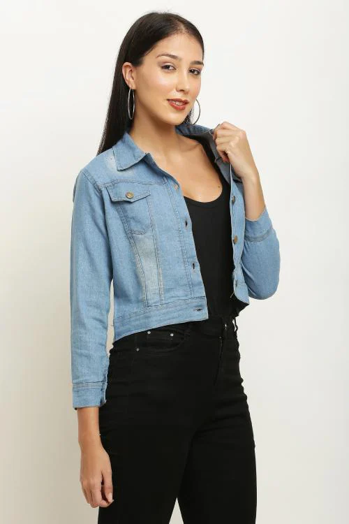 Aceola Women's Blue Washed Full Sleeves Buttoned Light Blue Denim Cropped Jacket-S