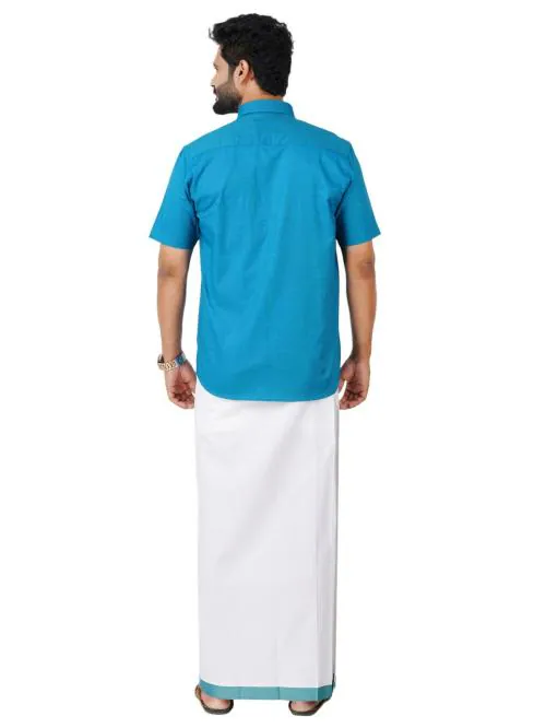 RAMRAJ Men Cotton Matching Border Dhoti & Half Sleeves Shirt Blue Set