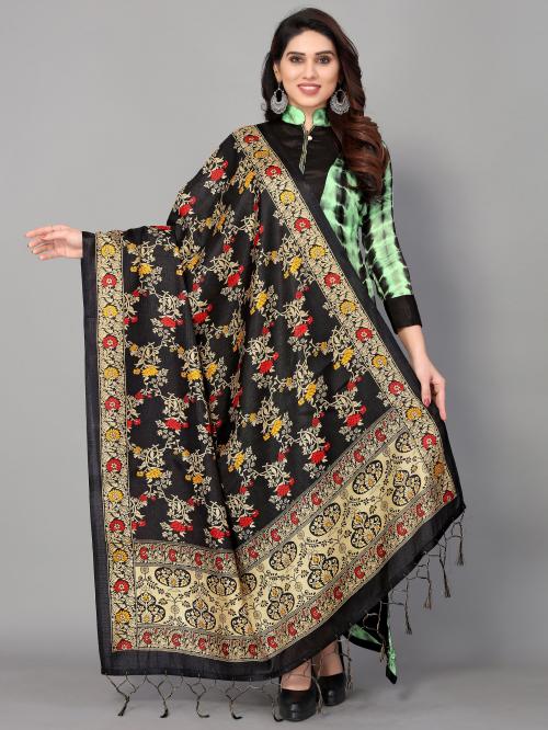 SVENJA Black Mysore Silk Floral Print Dupatta_( GOR_D009 )