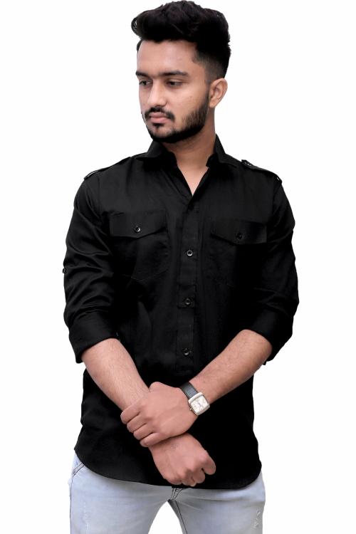 REBANTA Mens Casual Shirt Double Pocket (Black, Pure Cotton,X-Large)