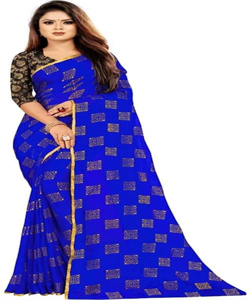 SAMJUBAA Printed Chanderi Cotton Blend Saree (Blue)