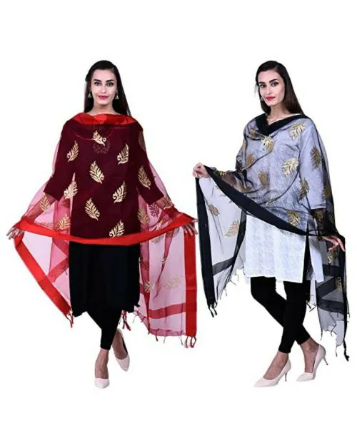 Buy Aroopa Womens Black and Red Authentic Organza Silk Dupatta (Set of ...