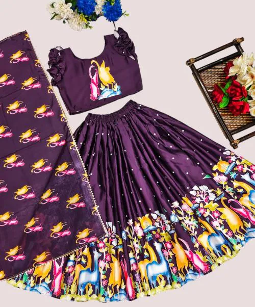 KRPAYA Beautiful Printed Work Micro Cotton Inner Twill Satin Stitched Lahenga with Blouse