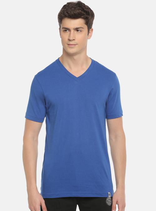 Macroman M Series Men's Royal Blue Solid Cotton Blend V Neck T-shirt