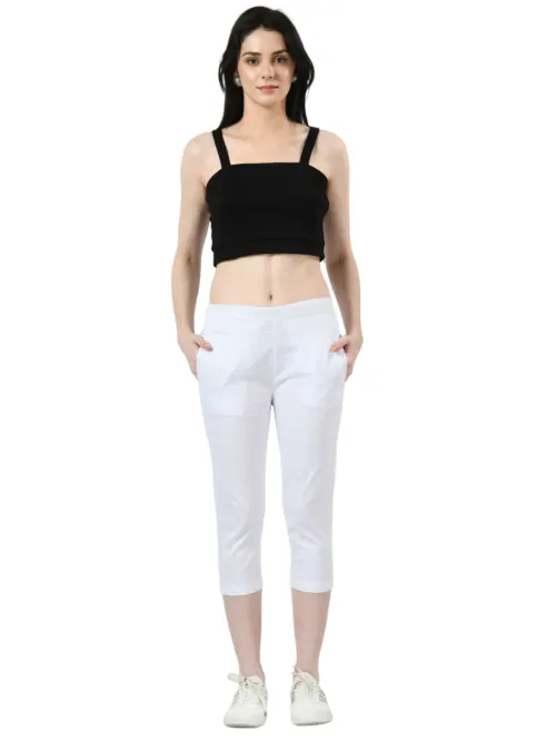 Altiven womens White cotton capri 3/4 pants for women Trouser with pockets