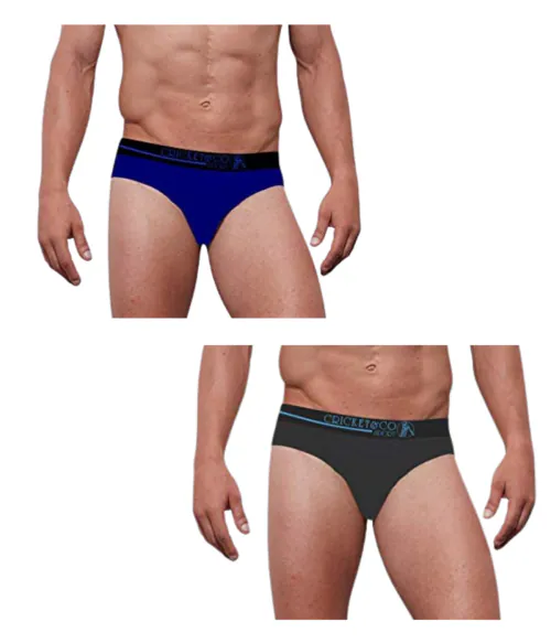 CRICKET & CO Men Royal Blue & Dark Grey Solid Cotton Blend Pack of 2 Briefs