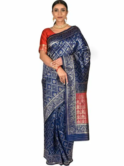 V4M Women Navy Blue Banarasi Silk Saree with Unstitched Blouse