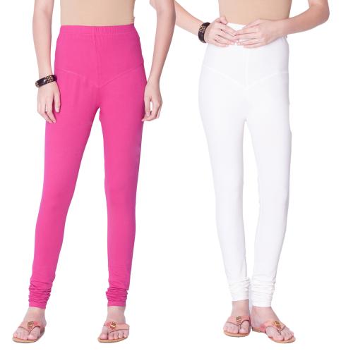 Dollar Women's Missy Pack of 2 Rani and White Color Combo Pack Small Size Churidar Leggings