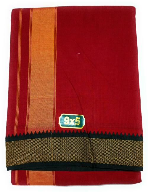 Traditional Cotton 9/5 Men Red Color Dhoti With Attached Angvastram Towels Inside.(Design No-D95R