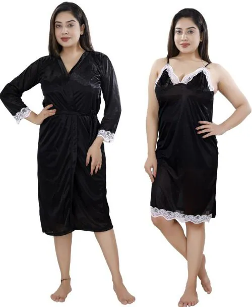 Loody'S Women Black Lace Satin Set Of 2 Nighty With Robe (Free Size