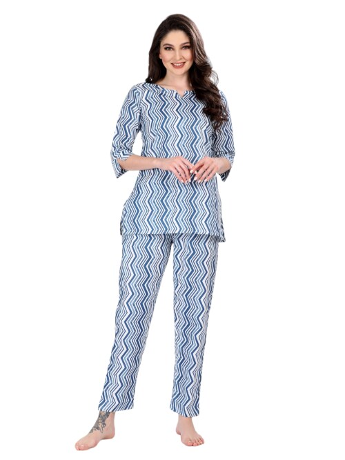 SHARVI Pure Cotton Hand Block Printed Kurta and Pajama Set - Stylish Nightwear for Women