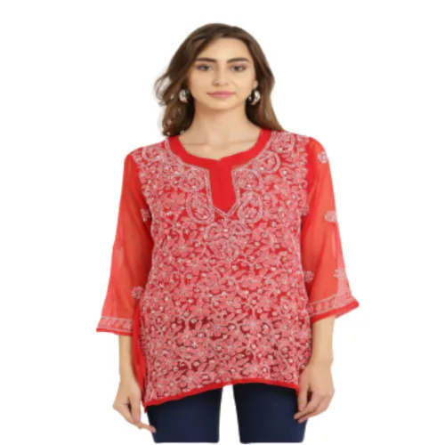 FASHION BONES Women's Sheer Chikankari Embroidered Short Length Kurti-Red