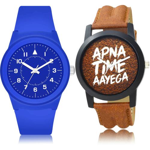 NEUTRON Modern Wrist Kids And Apna Time Aayega Blue And Brown Colour Analog Plastic And Genuine Leather Belt 2 Watch Combo For Boys And Men - BM121-BO40