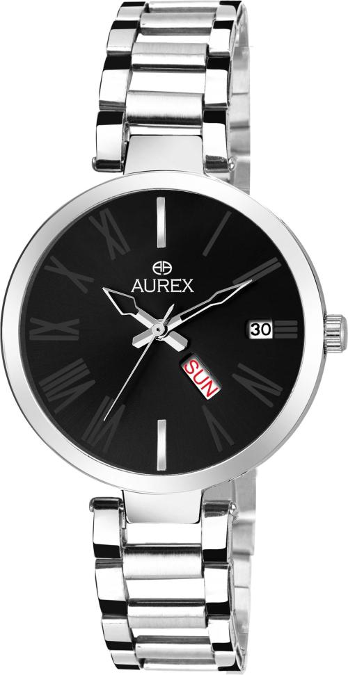 Aurex Analog Black Dial Silver Strap Watch For Women - (Ax-Lr547-Bkc)