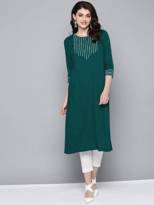 WOMEN VILLAGE Women Green Embroidered Viscose Rayon Straight Kurta - L