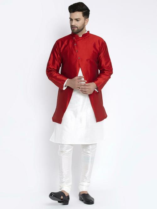 Benstoke Men's White Kurta With Pyjama & Red Self Design Jacket