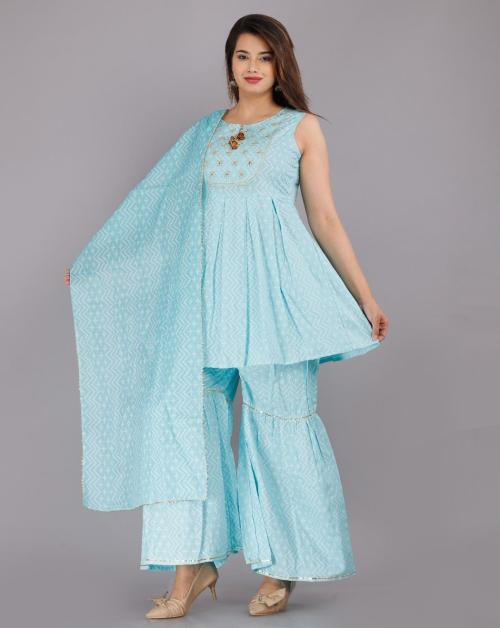 VINIRA Women Light Blue Printed Viscose Rayon Kurta and Sharara Set - M
