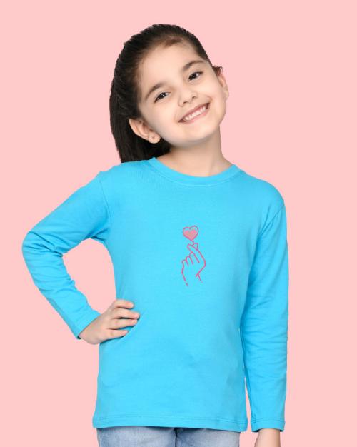 Nusyl Girls Sky Blue Heart Printed Full Sleeve T-shirt