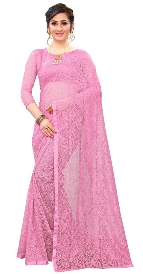 LOROFY Women Light Pink Net Saree
