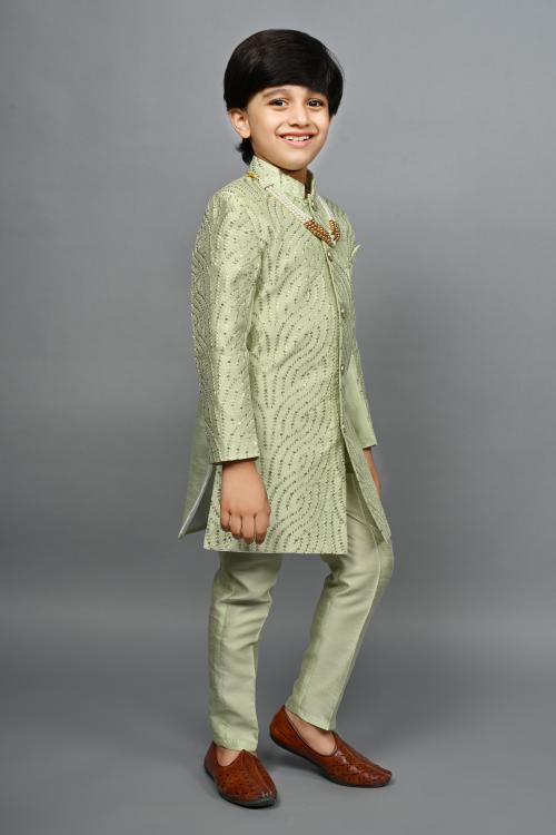 Ahhaaaa Kids Ethnic Silk Blend traditional Wear Sequin Print Indo-Western Sherwani Set For Boys