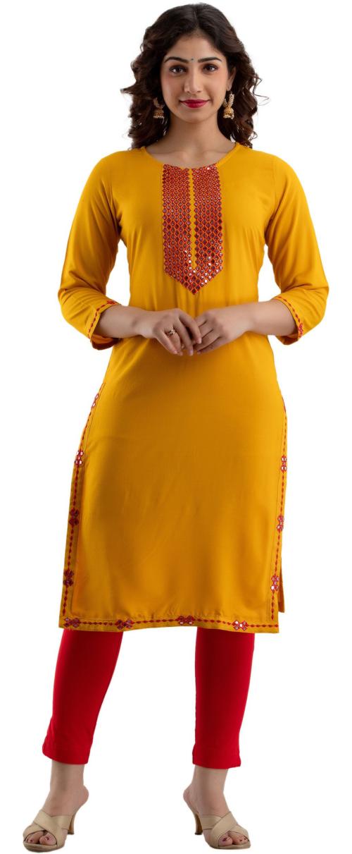 RA Creation Women Yellow Embroidered Viscose Rayon KurtaL