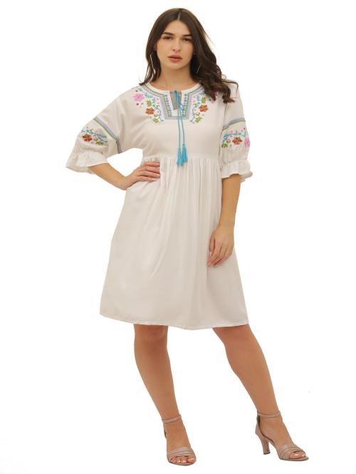 Pure Elegance White Rayon Dress with Intricate Embroidery for Women