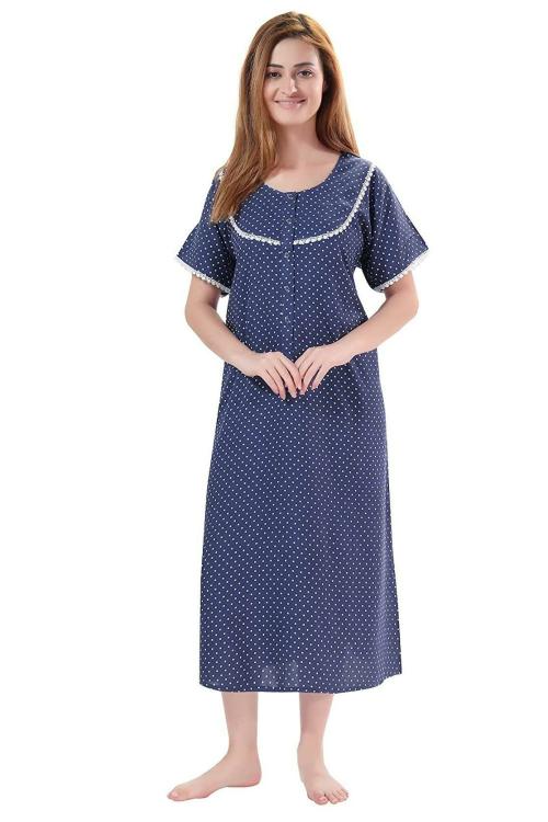 PIU Women's Cotton Polka Dots Calf Length Maternity Nighty (HM1359XL_Blue Polka_XL)