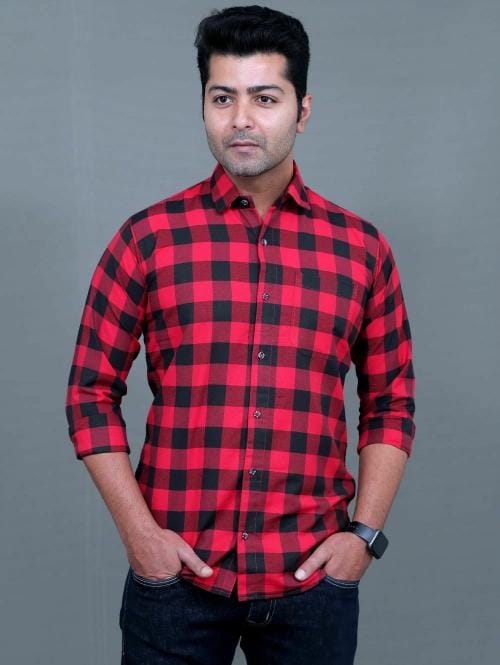 KACHCHAP Men's Casual Shirt Checkered (XX-Large, Red Black, Pure Cotton)