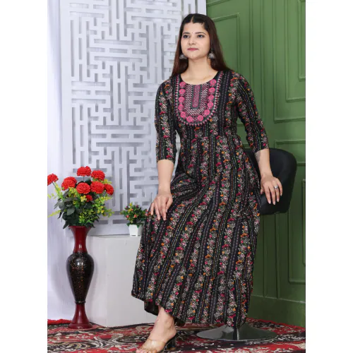 IQARA Premium 100% Rayon Embroidered Women Black Gown/Kurta|Size-M