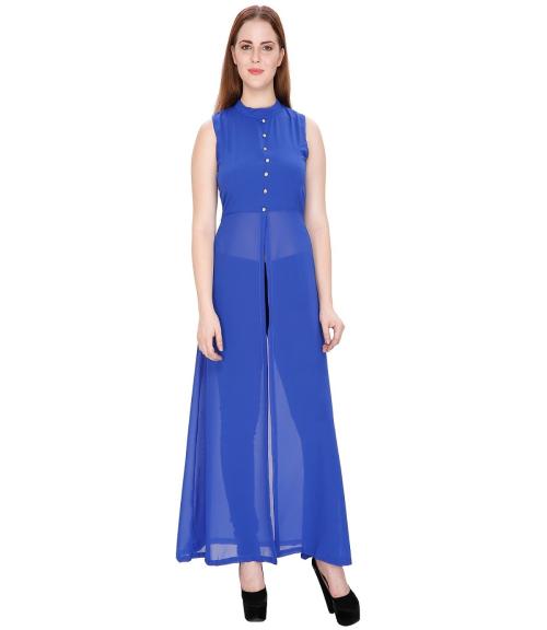 My Swag Women's Royal Blue Solid Front Slit Maxi A-Line Dress