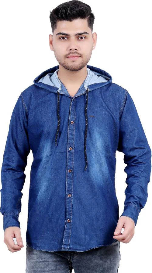 SQS Men Regular Fit Solid Ribbed Collar Casual Shirt Dark Blue M