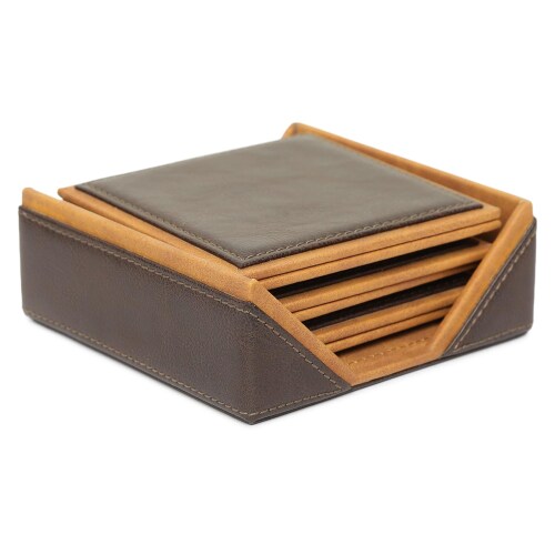 TANIC INDIA Pure Leather And Mango Wood Coaster Set of 6pcs|Colour-Brown