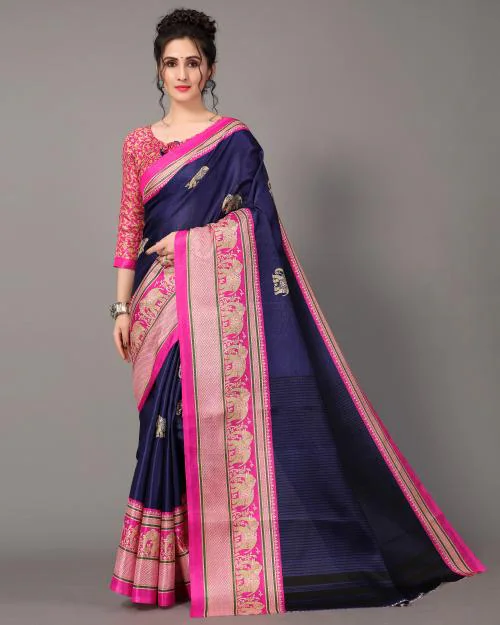 Ruchika Fashion Navy Blue Mysore Silk Elephant print Saree With Blouse Material
