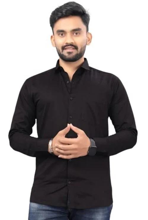 KIZZARO Men's Cotton Full Sleeve Slim Fit Solid Shirt (Shirts-09-BK-S)