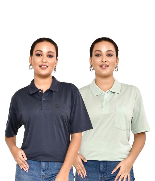 Roy's Women's Casual Regular Fit Solid Polo Neck Cotton Blend Combo T - Shirt I Comfortable And Breathable Western Outfit | Color - Grey & Pesta Green, Size - M