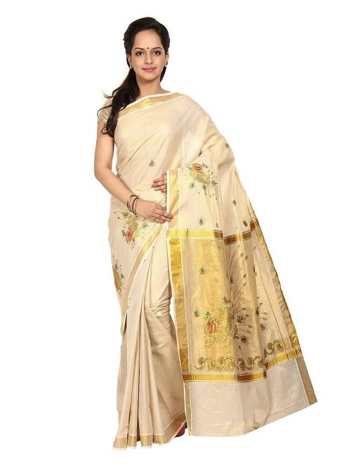 Fashionkiosks Women Cream Cotton Saree